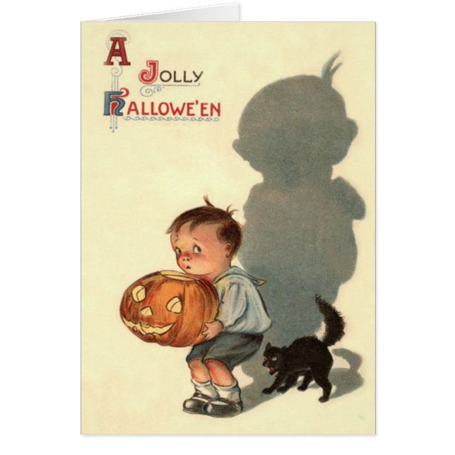 Boy Jack o lantern Shadow Black Cat Hälsningskort (Framsidan)