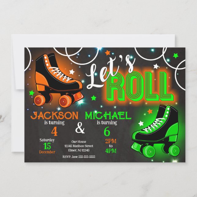 Boy Joint Roller Skating Birthday Party Neon Glow Inbjudningar (Framsida)