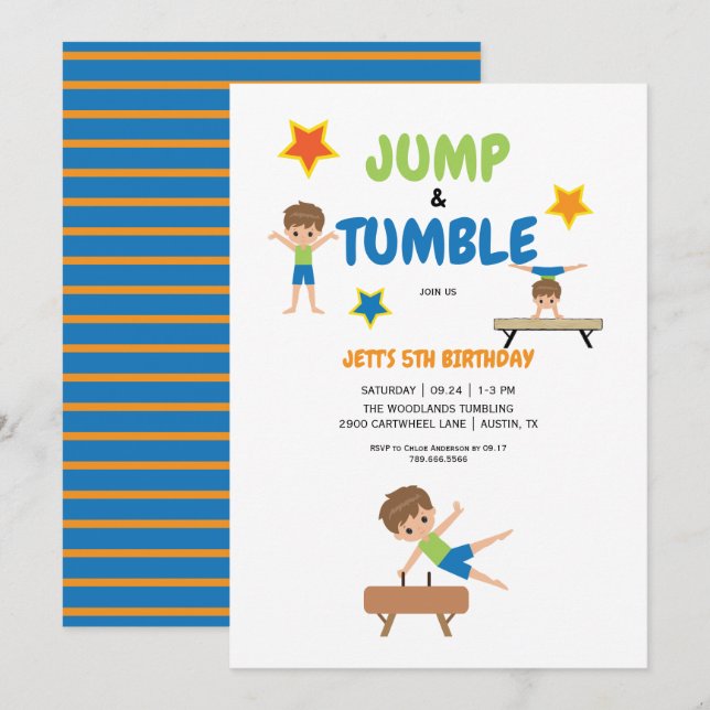 Boy Jump & Tumble Gymnastics Födelsedagsfest Inbjudningar (Fram/baksida)