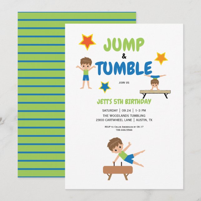 Boy Jump Tumble Gymnastics Födelsedagsfest Inbjudningar (Fram/baksida)