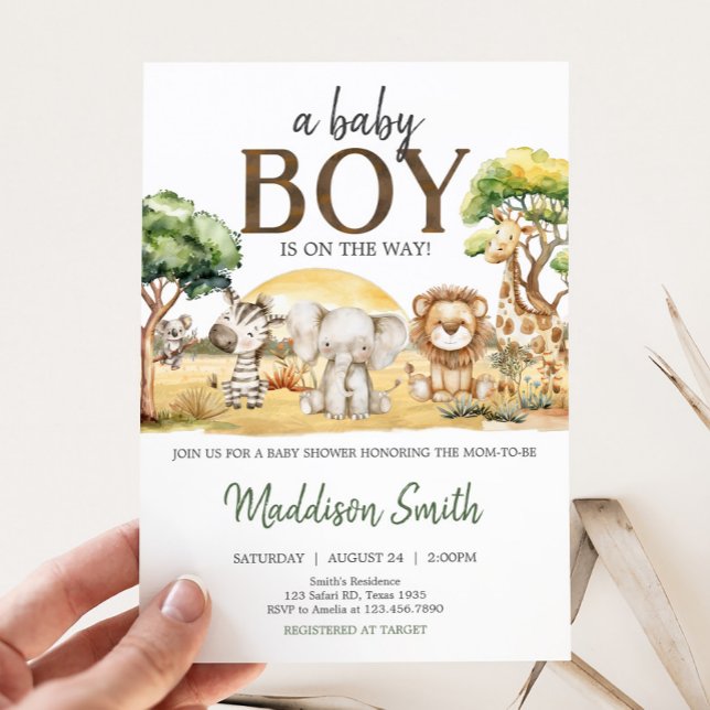 Boy Jungle Safari Animals Baby Shower Inbjudningar (Safari Baby Shower Invitation)