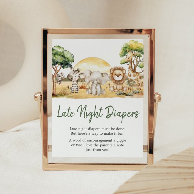 Boy Jungle Safari Animals Late Night Diaper Poster (Safari Baby Shower Late Night Diapers Sign)
