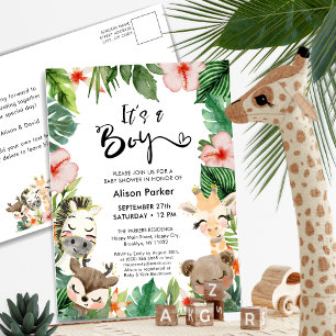 Boy Jungle Safari Tropical Greenery Baby Shower Inbjudan Vykort