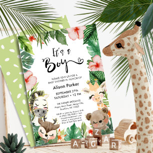 Boy Jungle Safari Tropical Greenery Baby Shower Inbjudningar