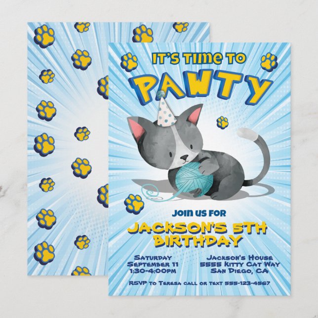Boy Kattunge Birthday Pawty Party Inbjudningar (Fram/baksida)