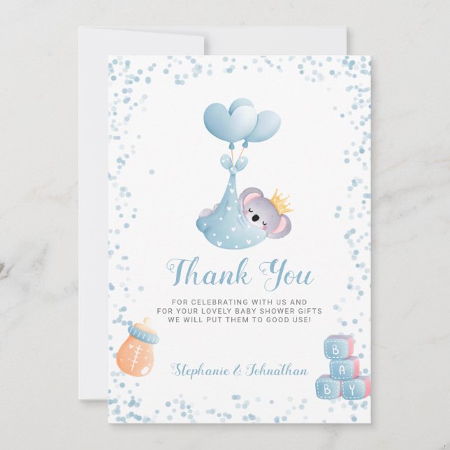 Boy Koala Bear Blue Tack Baby Shower Card Kort (Framsida)