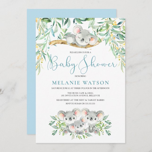 Boy Koala Bush Spädbarn Baby Shower-inbjudningar Inbjudningar (Fram/baksida)