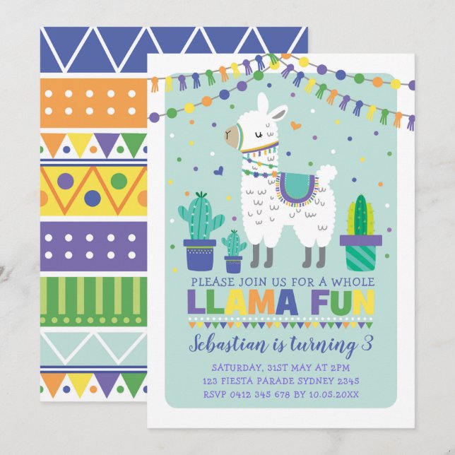 Boy Llama Birthday / Cute Alpaca Fiesta Party Inbjudningar (Fram/baksida)