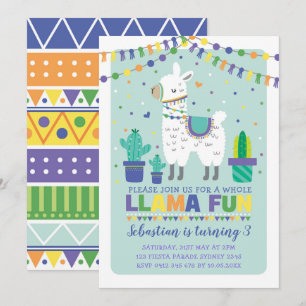 Boy Llama Birthday / Cute Alpaca Fiesta Party Inbjudningar