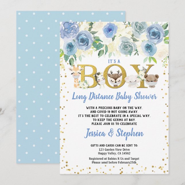 Boy Long Avstånd Baby Shower Pandemic Woodland Inbjudningar (Fram/baksida)
