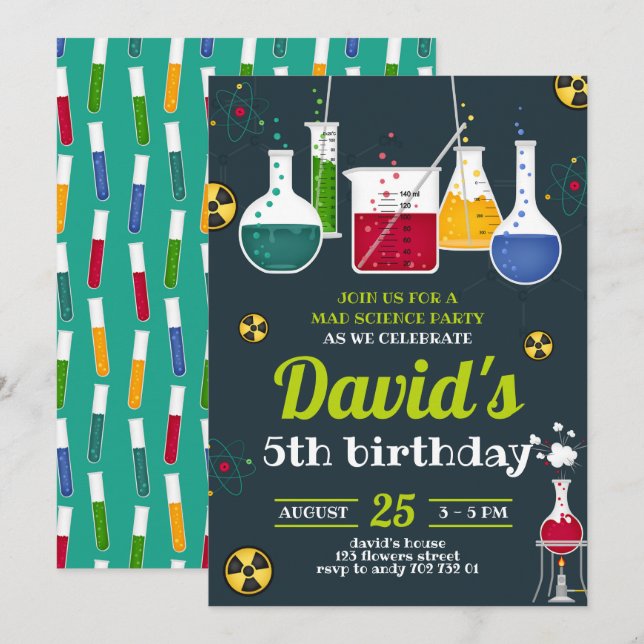 Boy Mad Scientist Caution Födelsedagsfest Inbjudningar (Fram/baksida)
