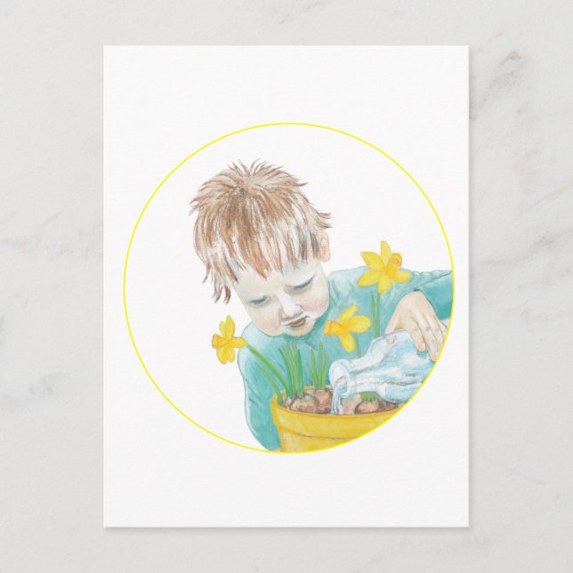 Boy med Daffodils Helg Vykort (Framsida)
