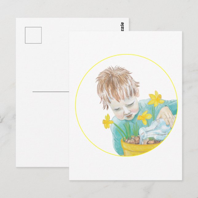 Boy med Daffodils Vykort (Fram/baksida)