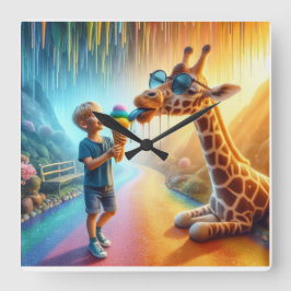 Boy med Giraffe Fyrkantig Klocka
