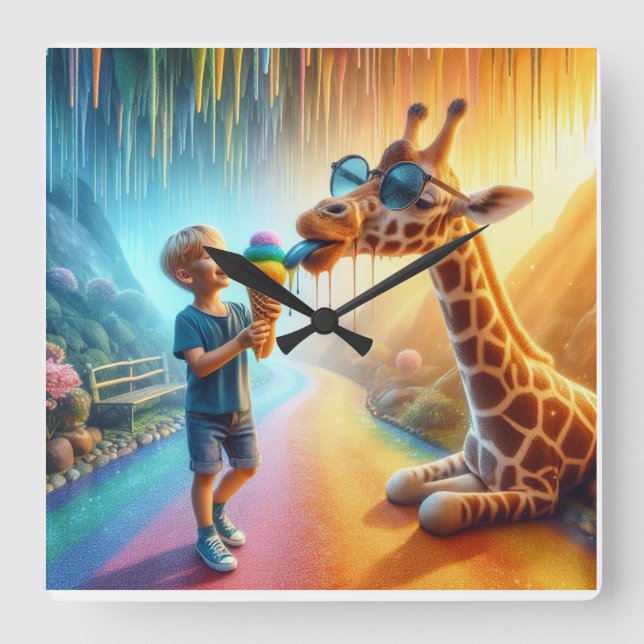Boy med Giraffe Fyrkantig Klocka (Framsida)