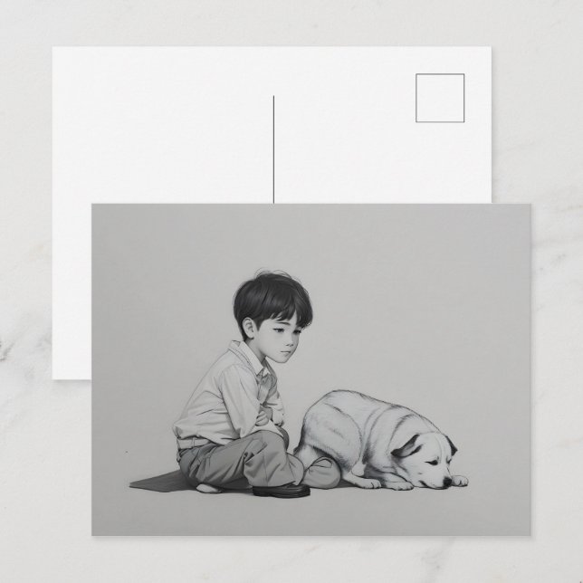 Boy med hund konst vykort (Fram/baksida)