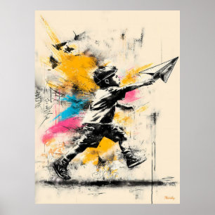 Boy med Pappra Flygplan - Street Art Graffiti Post Poster