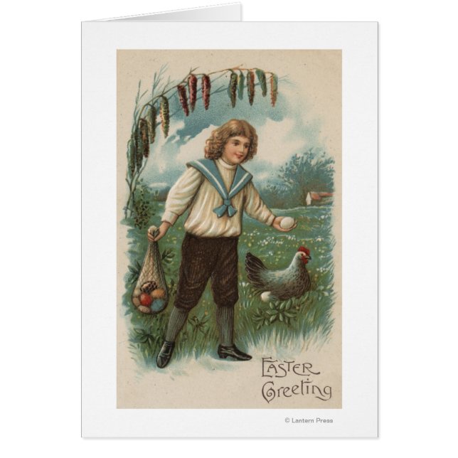 Boy med Påskägg Basket Holding Egg Hälsningskort (Framsidan)