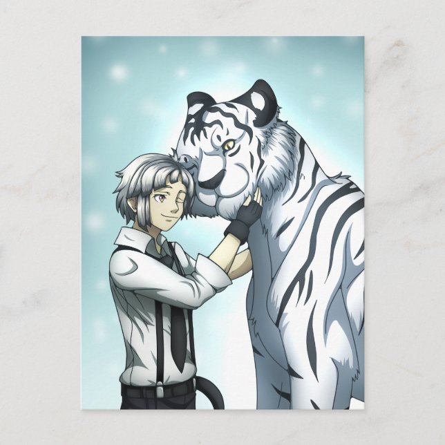 Boy med White Tiger Vykort (Framsida)