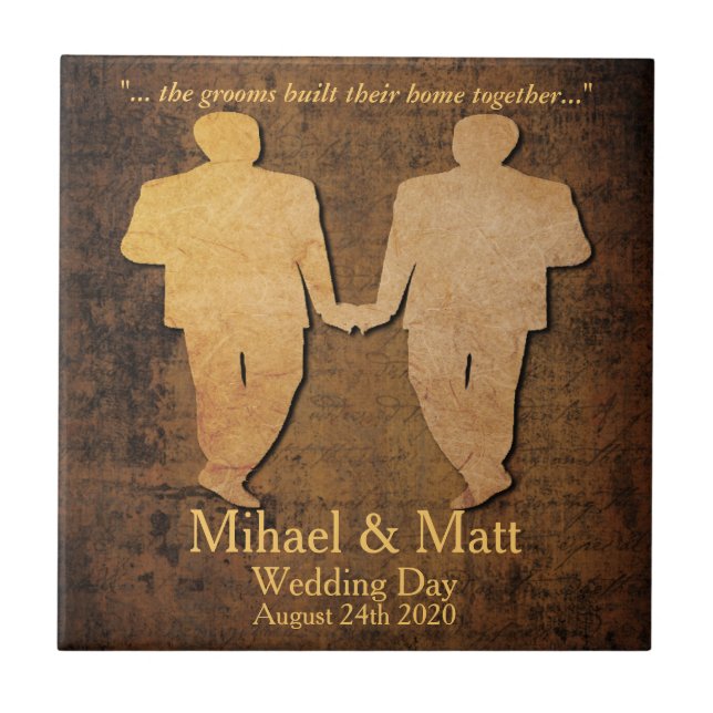 Boy Meets Boy Gay Bröllop Gift Tile for Grooms Kakelplatta (Framsidan)