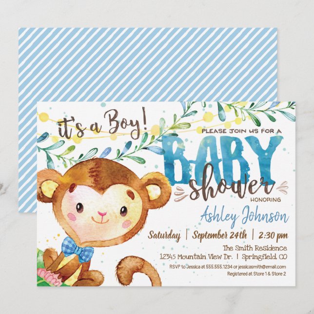 Boy Monkey Baby Shower-inbjudan Inbjudningar (Fram/baksida)