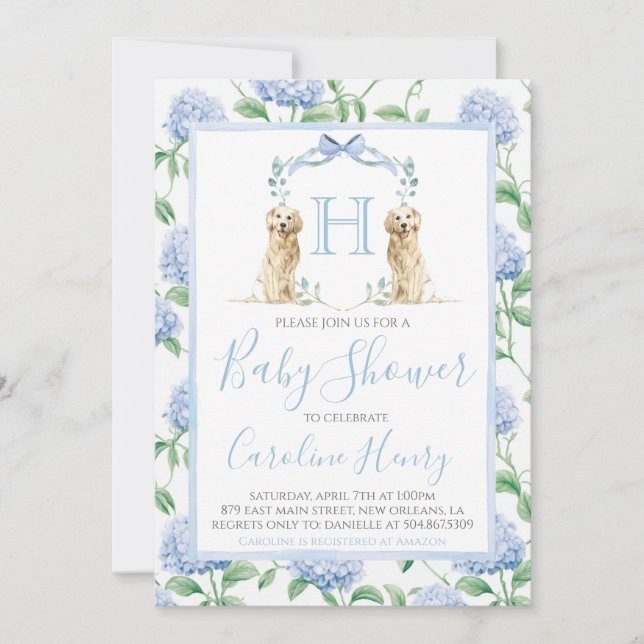 Boy Monogram Baby Shower Southern Blue Hund Inbjudningar (Framsida)