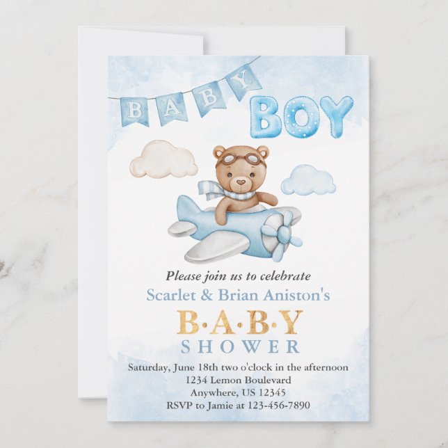 Boy Nalle Airplane Baby Shower Inbjudningar (Framsida)