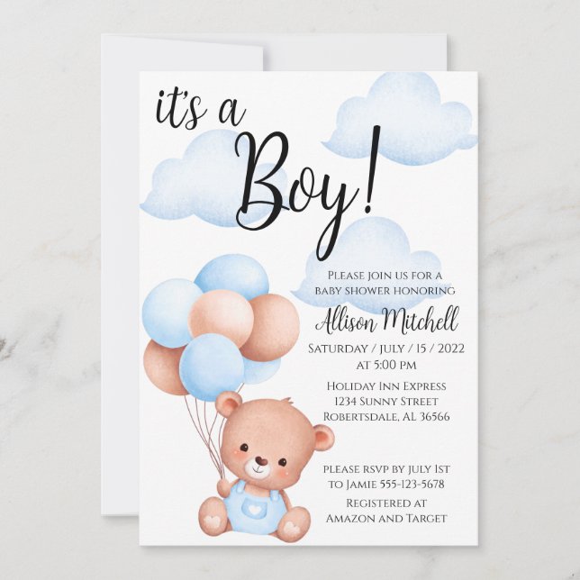 Boy Nalle Baby Shower-inbjudan Inbjudningar (Framsida)