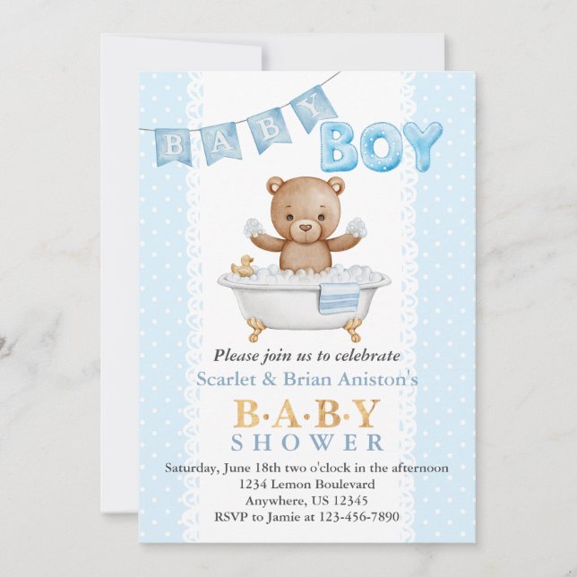 Boy Nalle Bath Time Baby Shower Inbjudningar (Framsida)