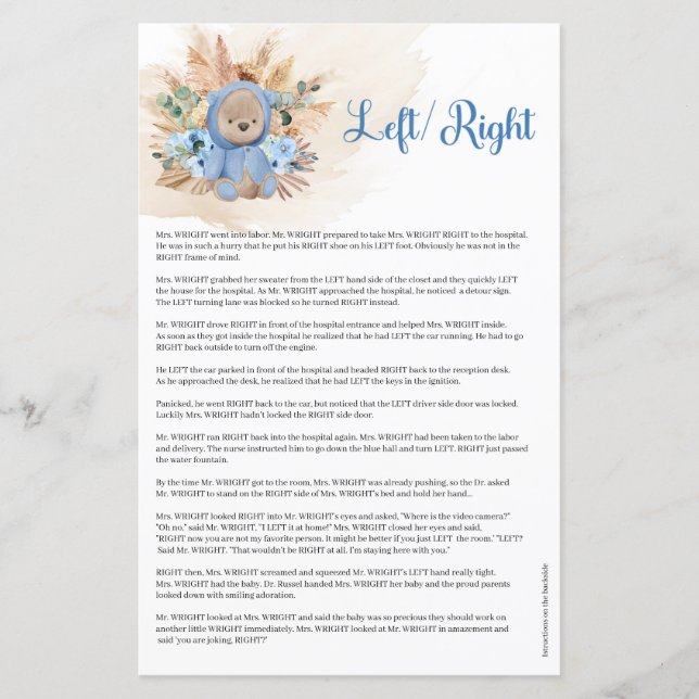 Boy nalle blåa blommor pampas handflatan Lämnat Hö (Framsida)