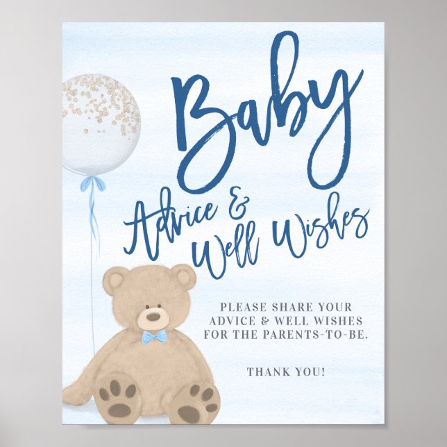 Boy Nalle Blue Balloon Baby Advice Sign Poster (Framsidan)