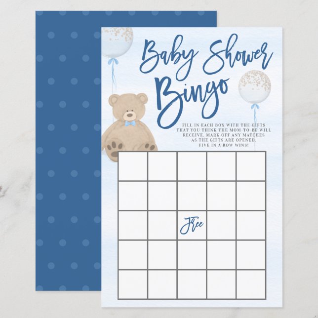 Boy Nalle Blue Balloon Baby Shower Bingo (Fram/baksida)