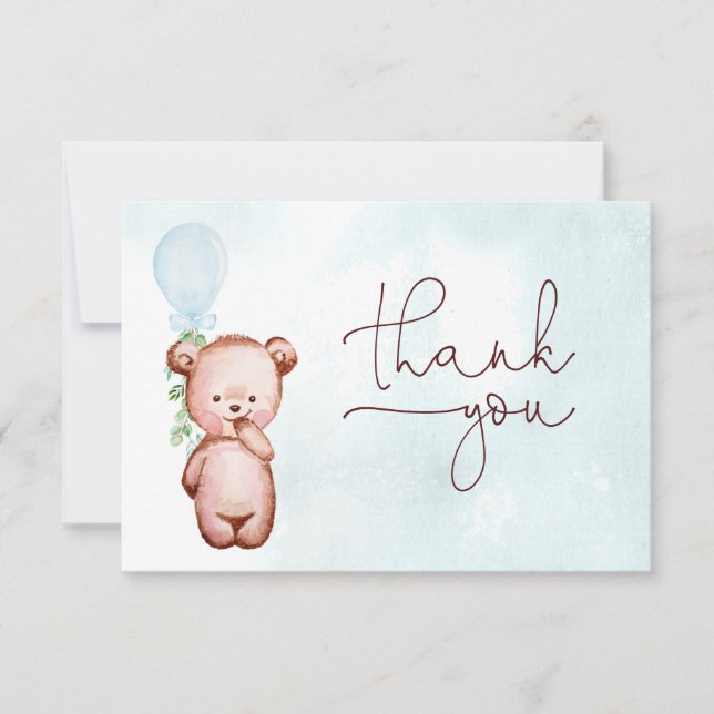 Boy Nalle Blue Balloon Baby Shower Tack Kort (Framsida)