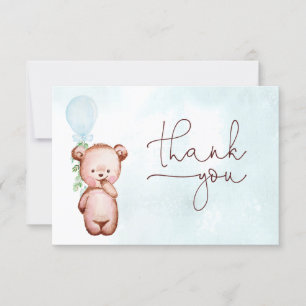 Boy Nalle Blue Balloon Baby Shower Tack Kort