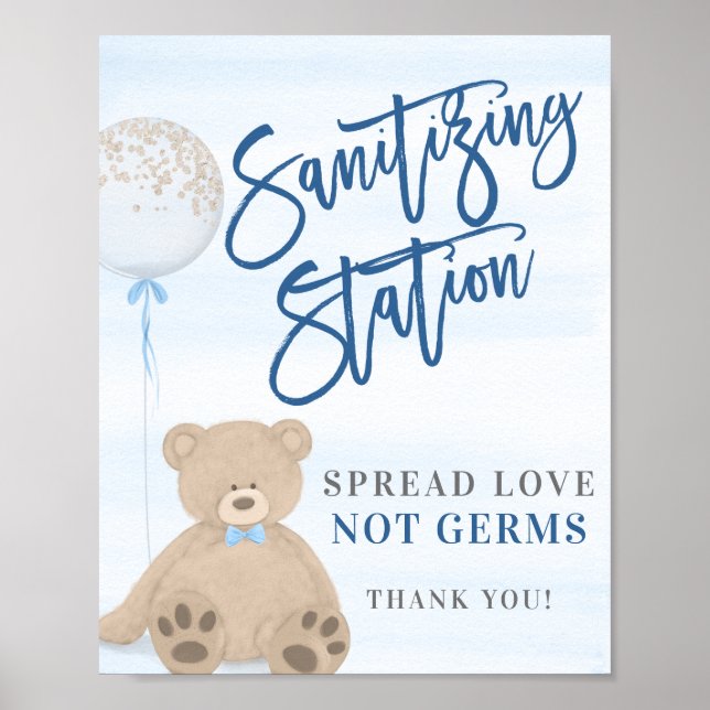 Boy Nalle Blue Balloon Sanitizing Sign Poster (Framsidan)