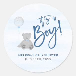 Boy Nalle Blue Grått Balloon Baby Shower Runt Klistermärke