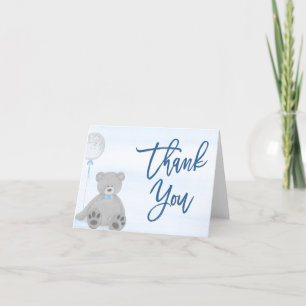 Boy Nalle Blue Grått Balloon Baby Shower Tack Kort