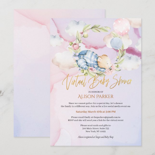 Boy Nalle Cute Virtuell Baby Shower Inbjudningar (Fram/baksida)