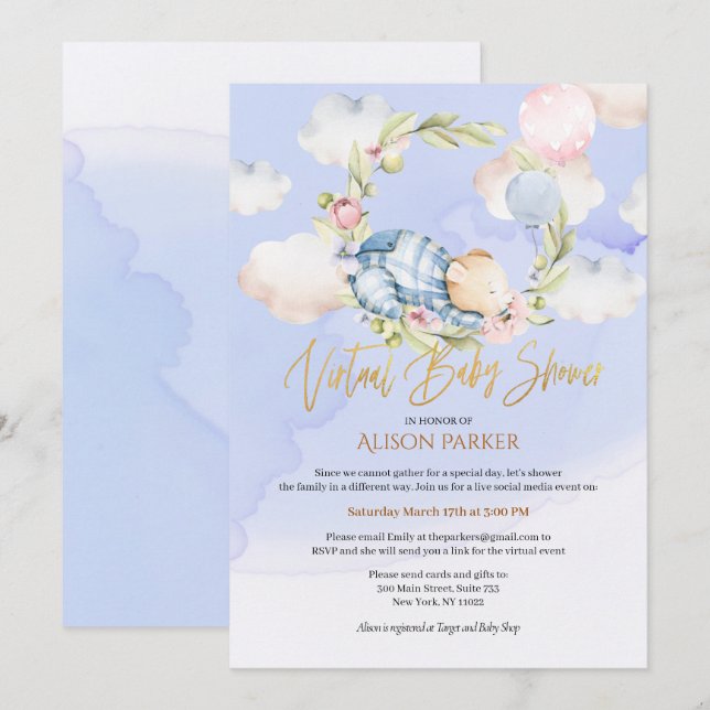 Boy Nalle Woodland Virtuell Baby Shower Inbjudningar (Fram/baksida)