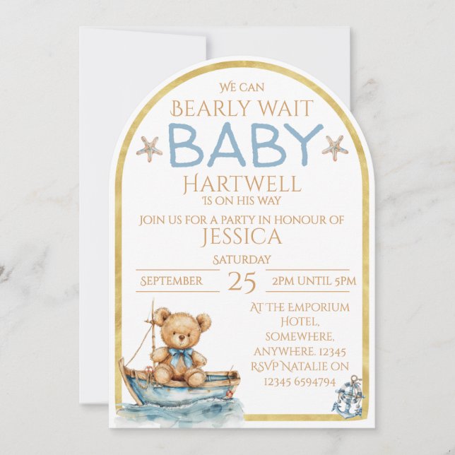 Boy Nautical Bear In A Boat Baby Shower Invitation Inbjudningar (Framsida)