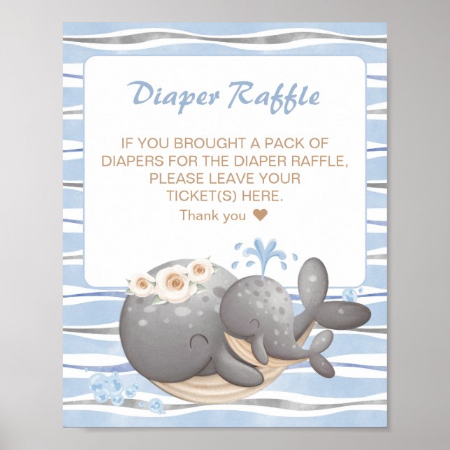 Boy Nautical Whale Baby Shower Diaper Raffle Sign Poster (Framsidan)