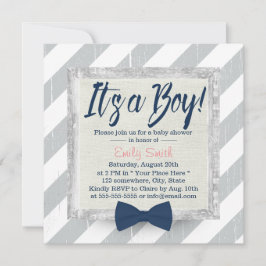 Boy Navy Blue Bow Tie Grått Rand Baby Shower Inbjudningar