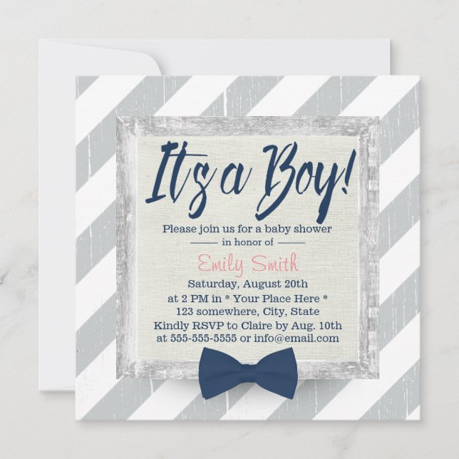 Boy Navy Blue Bow Tie Grått Rand Baby Shower Inbjudningar (Framsida)