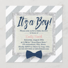 Boy Navy Blue Bow Tie Grått Rand Baby Shower Inbjudningar