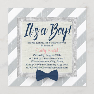 Boy Navy Blue Bow Tie Grått Rand Baby Shower Inbjudningar