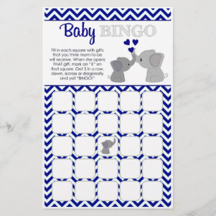 Boy Navy Elephant Baby Shower BINGO Game Chev 366 Flygblad