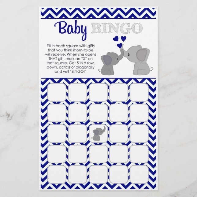 Boy Navy Elephant Baby Shower BINGO Game Chev 366 Flygblad (Framsidan)
