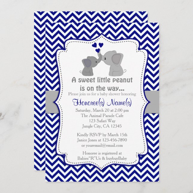 Boy Navy Elephant Baby Shower-inbjudningar Chev 36 Inbjudningar (Fram/baksida)