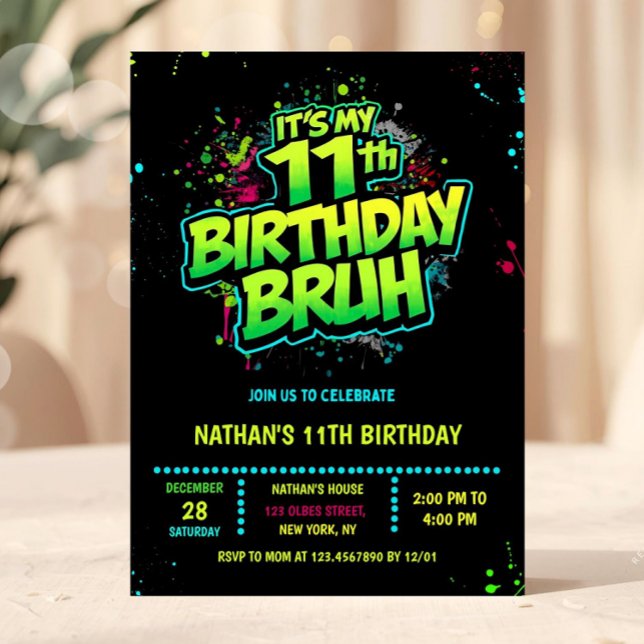 Boy Neon 11th Birthday Invitation Graffiti Style Inbjudningar (neon 11th birthday invitation, eleventh birthday invitation, editable double digits invitation, neon)
