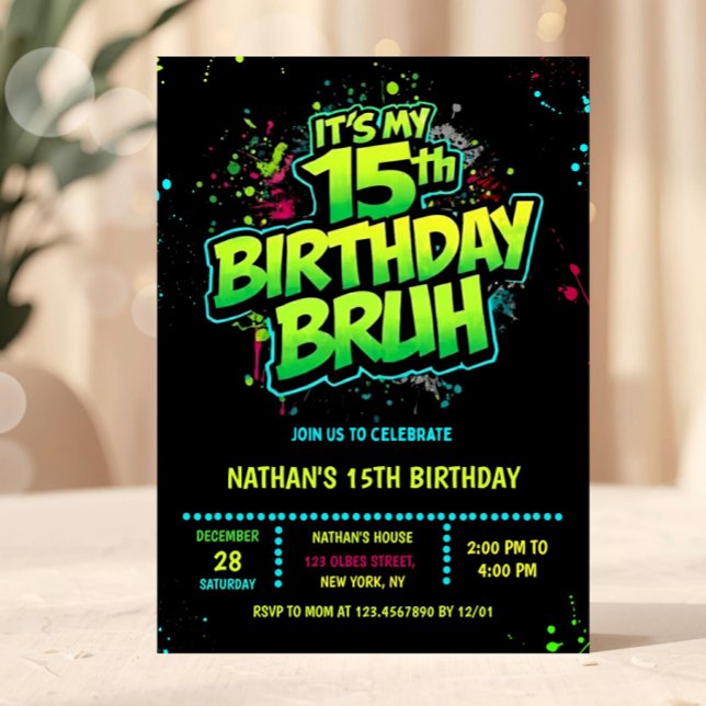 Boy Neon 15th Birthday Invitation Graffiti Style Inbjudningar (neon 15th birthday invitation, fifteen birthday invitation, editable 15th birthday invitation, neon )